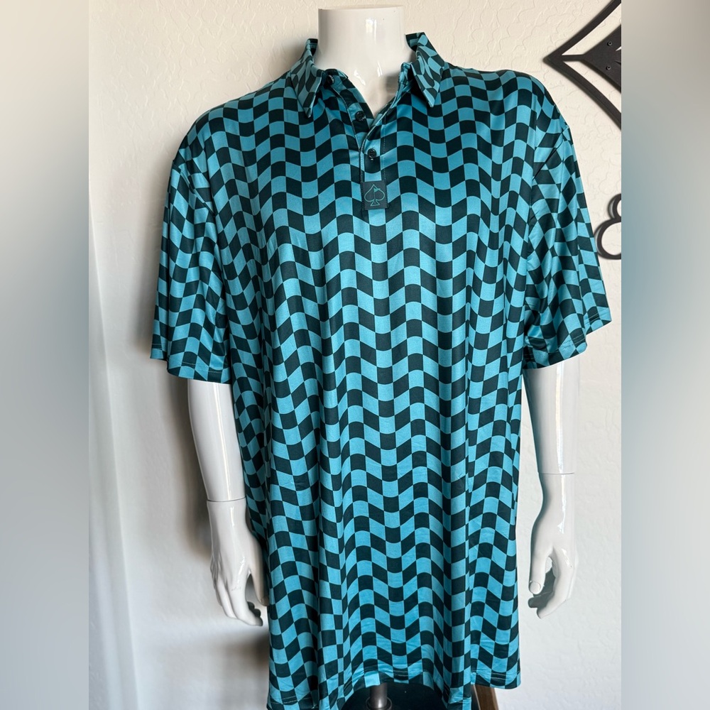 PINS & ACES Men’s Teal and Dark Green Checkered Men's Polo - XXXL